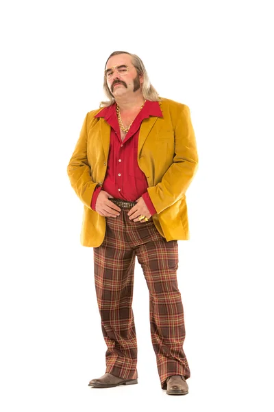 Grappige vintage 70s man met bakkebaarden snor en lange haren geïsoleerd op wit — Stockfoto