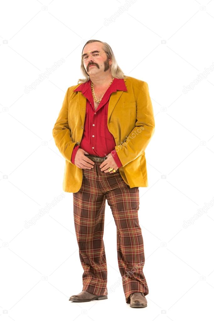 Funny vintage 70s man with sideburn mustache and long hair isolated on white ⬇ Stock Photo