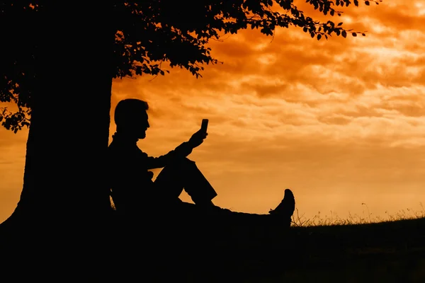 Sylwetka człowiek siedzący pod drzewem z książki w pochmurny dzień odkryty — Zdjęcie stockowe