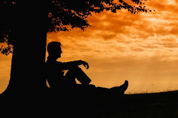 Man silhouette sitting under tree on cloudy day outdoor — Stock Photo, Image