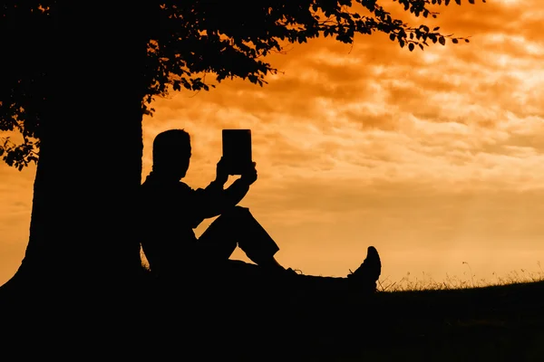 Чоловік силует сидить під деревом з планшетом в похмурий день на відкритому повітрі — стокове фото