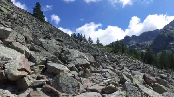 登山道に岩が多い山のハイキング — ストック動画