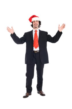 işadamı kadar eller yükselterek santa şapka ile