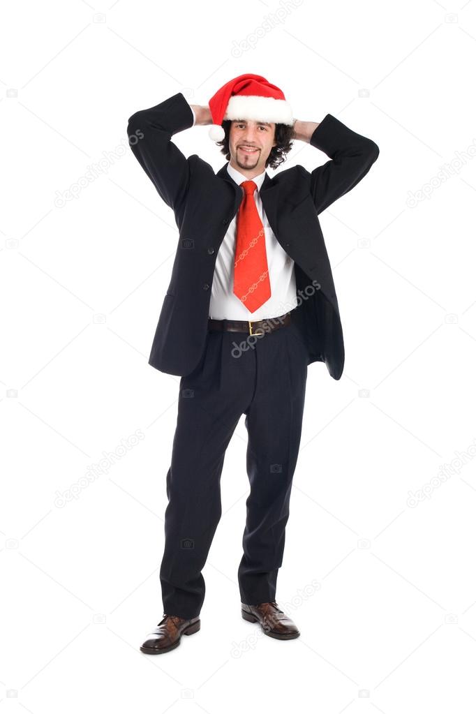 businessman with santa hat holding arms on nape