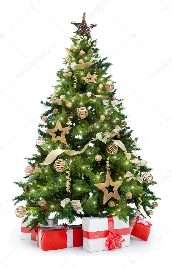 Christmas tree with lights and gifts