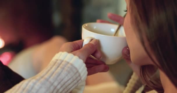 Vista posterior de la mujer joven tomando café mientras se relaja en casa durante el frío invierno. Mujer sentada en sofá buscando chimenea. — Vídeo de stock