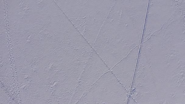 Luftaufnahme des verschneiten Bodens. Schrittlinie entlang eines Schneefeldes. Einsamkeit und Überwindung. — Stockvideo