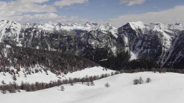 Vista aérea del paisaje montañoso. Cordillera cubierta de nieve. Bosques de pinos salvajes. cámara lenta — Vídeos de Stock