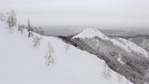 Pemandangan pegunungan tertutup salju di musim dingin selama matahari terbenam. Hutan pohon gelap di sisi gunung. gerak lambat — Stok Video