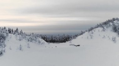 Kar dağı arazisinin havadan görünüşü. Karanlık Çam ormanı ve arka planda şehir. Kış yolculuğunda bulutlu bir gökyüzü 