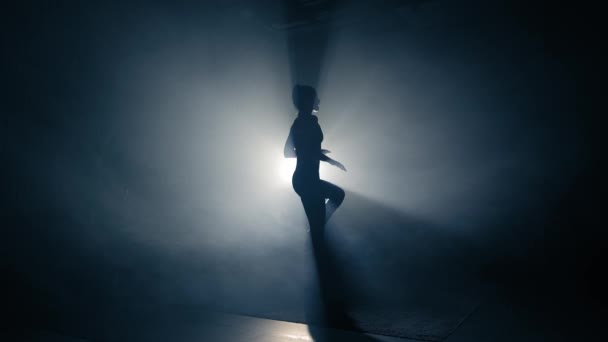 Adatto silhouette donna formazione. silhouette donna retroilluminato facendo esercizi ginocchio alto. Vista laterale, rallentatore — Video Stock