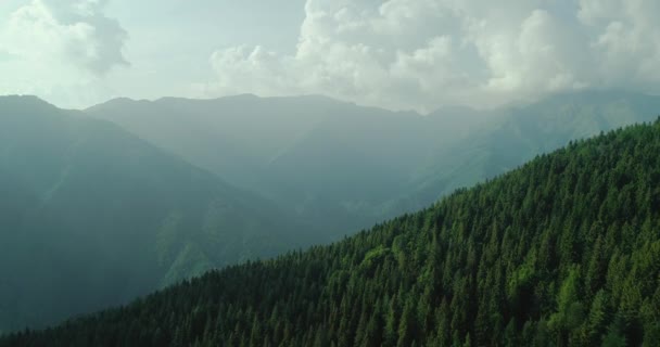 Вид с воздуха на нетронутую зеленую гору летом. Солнечный свет пересекает облака. Туманный горный хребет в фоновом режиме. замедленное движение — стоковое видео