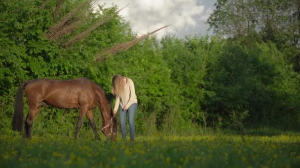 Een jonge vrouw die met haar paard speelt. Buiten video van een blonde vrouw rusten in een bloeiende tuin om haar paard te laten eten in een zomer zonsondergang. — Stockvideo