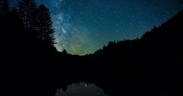 Timelapse de la Vía Láctea.Silueta de bosque de pinos que se refleja en el lago durante la noche. estrellas, cielo de colores en una hermosa noche — Vídeos de Stock
