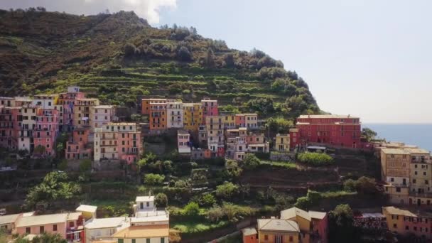 Spektakulärt kustlandskap i Cinque Terre under sommaren. Inlandet och kusten täcker färgade hus i bergssluttning och klippa.Blått hav och himmel i en solig resa — Stockvideo