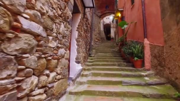 Går genom karaktäristisk gata med stentrappa i inlandet i Cinque Terre. Forntida hus av sten. Färgglada hus bredvid gränden — Stockvideo