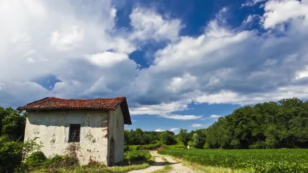 Χρονικό κενό ενός τοπίου της χώρας, ερειπωμένο σπίτι στην αριστερή πλευρά, αγροτεμάχιο στη δεξιά πλευρά και χωματόδρομο. Στο φόντο μπλε του ουρανού με λευκά σύννεφα που κινούνται από τον άνεμο σε μια καλοκαιρινή μέρα. — Αρχείο Βίντεο