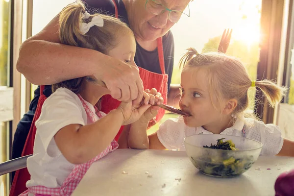 Doua fete frumoase gatesc prajituri dimineata. familie de gătit, doi copii de învățare de bunica amestecarea ingredients.Viața domestică, hobby-uri de familie Imagini stoc fără drepturi de autor