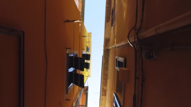 Spacerując starożytną wąską uliczką w Cinque Terre. Stare miasto, architektura, kolorowe domy, wąskie uliczki w okresie letnim. — Wideo stockowe