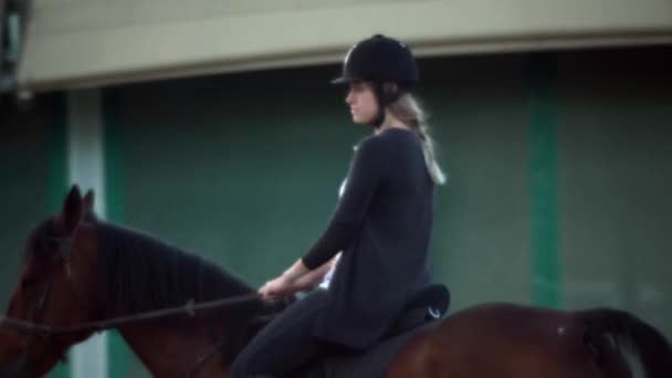 Mulher passatempo equitação cavalo. Casual de vestir mulher com capacete e botas sentadas a cavalo enquanto o cavalo caminhando — Vídeo de Stock