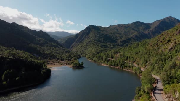 Vista aérea de un río entre montañas. Montaña verde con bosque de pinos. Volando sobre el río durante el verano. — Vídeos de Stock
