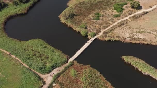 Αεροφωτογραφία αγνώστων ανθρώπων που περπατούν κατά μήκος μιας ξύλινης γέφυρας. Κάτοψη των ανθρώπων που περπατούν κατά μήκος κρεμαστής γέφυρας ενώ ο σκοτεινός ποταμός ρέει από κάτω του. πράσινη βλάστηση και στις δύο πλευρές. — Αρχείο Βίντεο