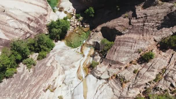 Luchtfoto van kleine waterval, natuurlijk zwembad, bomen op de witte rots.Drone standpunt van de karakteristieke waterval in Corsica.Zonnige zomerdag — Stockvideo