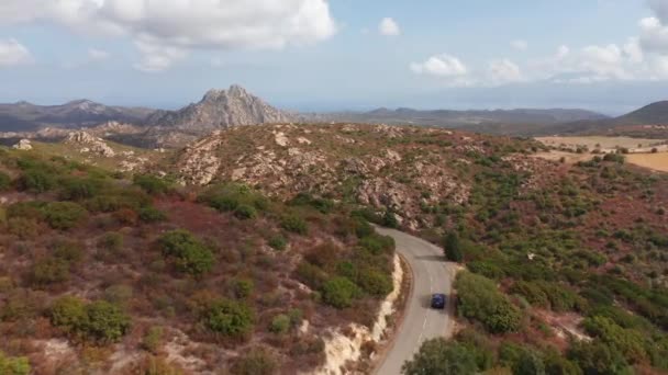 Foto aérea de coche eléctrico que conduce en el desierto soleado carretera limpia a las montañas paisaje.Luxury vehículo moderno a caballo rápido a lo largo de los árboles y campos carretera de campo con energía renovable — Vídeo de stock