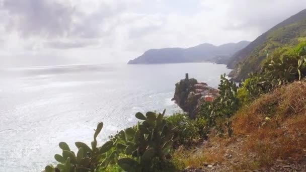 Wandelen door onverharde paden, naast de blauwe zee in Cinque Terre, in de verte Vernazza. Berghelling bedekt met struiken en maritieme bomen. Sereen weer met wat bewolking. Golven die over de rotsen breken — Stockvideo