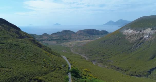 Αεροφωτογραφία της πλαγιάς του βουνού, πράσινοι θάμνοι και δέντρα καλύπτουν την πλαγιά. Στο φόντο γαλάζιο ουρανό πράσινο βουνό και θάλασσα σε μια καλοκαιρινή μέρα — Αρχείο Βίντεο