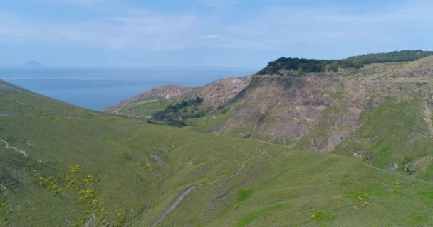 Uitzicht vanuit de lucht op de berghelling, groene struiken en bomen bedekken de helling. Op de achtergrond blauwe lucht groene berg en zee in een zomerse dag — Stockvideo