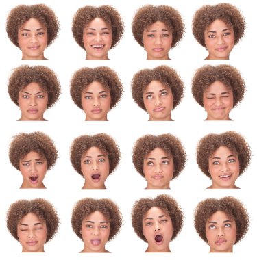 curly long hair young african woman collection set of face expression like happy, sad, angry, surprise, yawn isolated on white