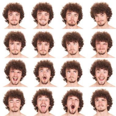 curly long hair and beard young adult caucasian man collection set of face expression like happy, sad, angry, surprise, yawn isolated on white