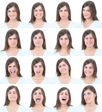 long hair brunette young casual caucasian woman collection set of face expression like happy, sad, angry, surprise, yawn isolated on white