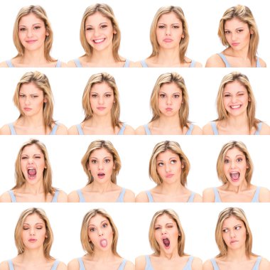long hair blonde young casual caucasian woman collection set of face expression like happy, sad, angry, surprise, yawn isolated on white