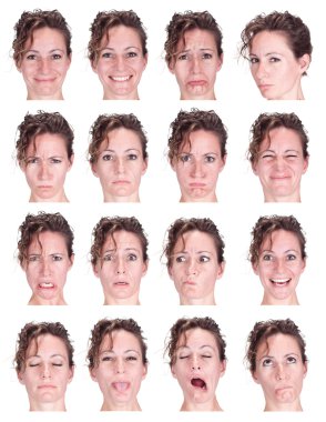 red head curly adult caucasian woman collection set of face expression like happy, sad, angry, surprise, yawn isolated on white