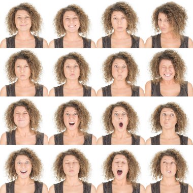 curly brunette young caucasian woman collection set of face expression like happy, sad, angry, surprise, yawn isolated on white