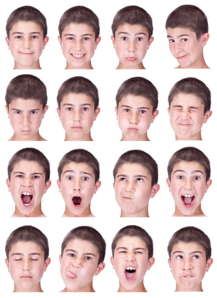 Short hair brunette kid caucasian boy collection set of face expression like happy, sad, angry, surprise, yawn isolated on white — Zdjęcie stockowe