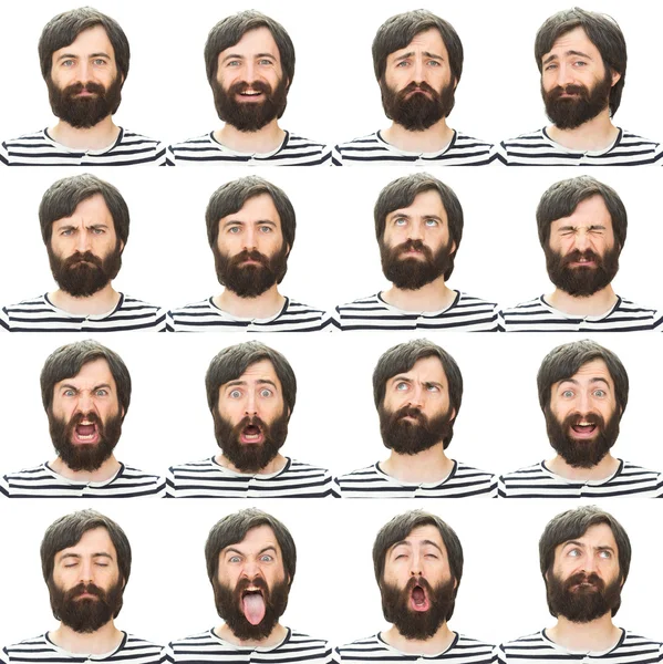 Brunette long hair and beard young casual caucasian man collection set of face expression like happy, sad, angry, surprise, yawn isolated on white — Stockfoto