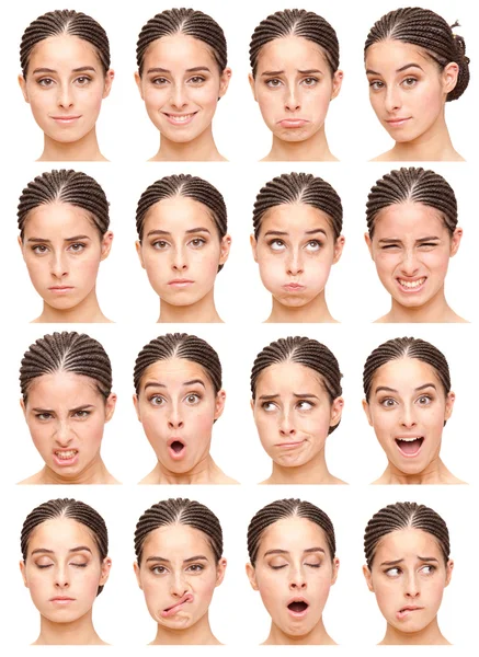 Black brunette pigtails young caucasian woman collection set of face expression like happy, sad, angry, surprise, yawn isolated on white — Stock Photo, Image