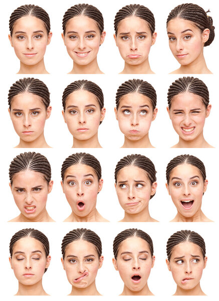 black brunette pigtails young caucasian woman collection set of face expression like happy, sad, angry, surprise, yawn isolated on white
