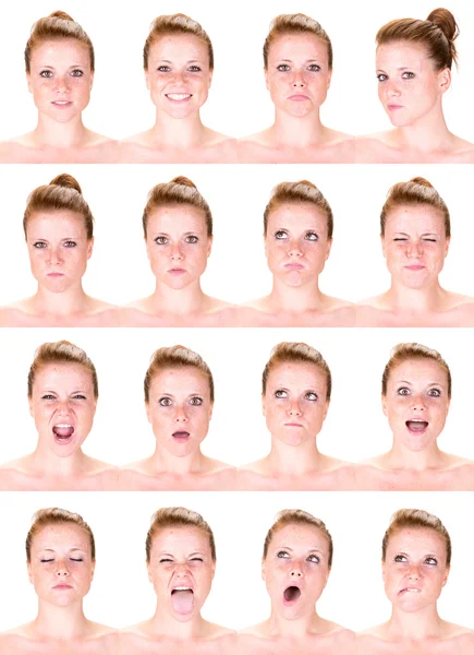 Red head young caucasian woman collection set of face expression like happy, sad, angry, surprise, yawn isolated on white — Stock Photo, Image