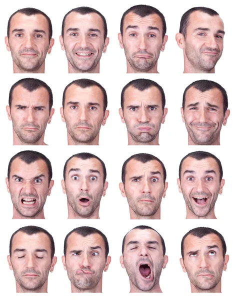 Capelli corti bruna adulto caucasico uomo collezione set di espressione del viso come felice, triste, arrabbiato, sorpresa, sbadigliare isolato su bianco — Foto Stock