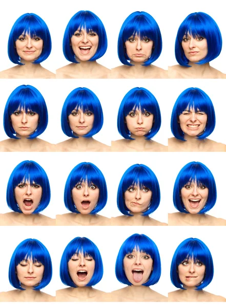 Синя перука молода біла жінка колекція набір обличчя вираження, як щасливий, сумний, злий, несподіваний, позіхати ізольовані на білому — стокове фото