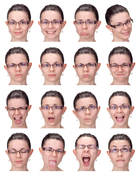 Short hair glasses earrings young caucasian woman collection set of face expression like happy, sad, angry, surprise, yawn isolated on white — Φωτογραφία Αρχείου