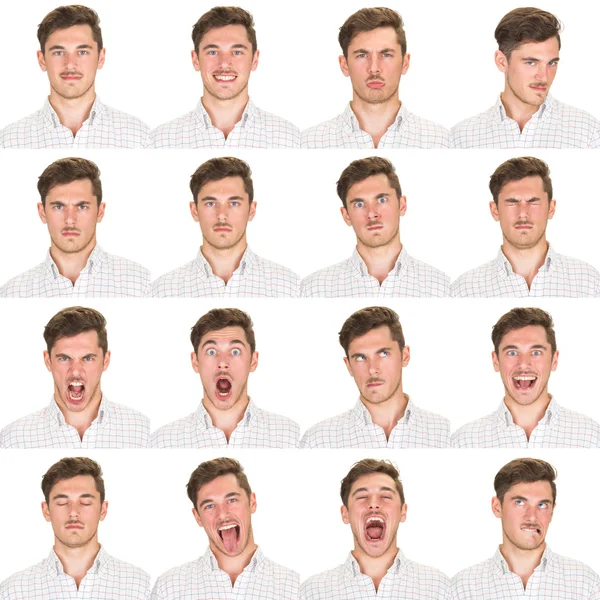 Short and black hair mustache young caucasian man collection set of face expression like happy, sad, angry, surprise, yawn isolated on white — ストック写真