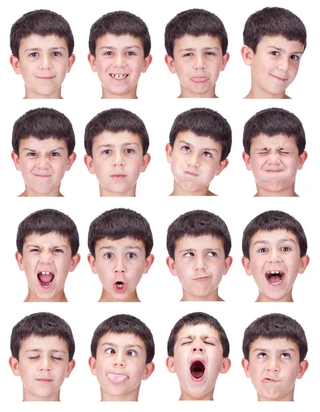 Короткие волосы брюнетка ребенок кавказский мальчик коллекция выражение лица, как счастливый, грустный, злой, сюрприз, зевок изолированы на белом — стоковое фото