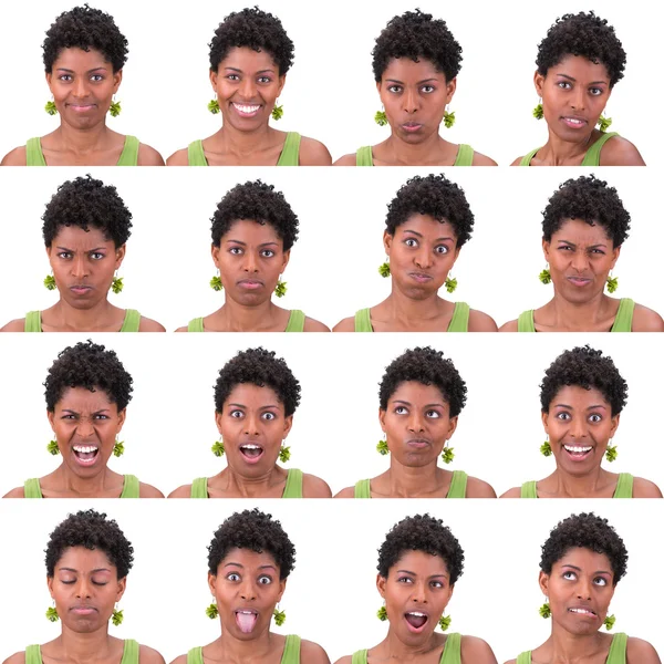 Curly short black hair young latina woman collection set of face expression like happy, sad, angry, surprise, yawn isolated on white — Stockfoto