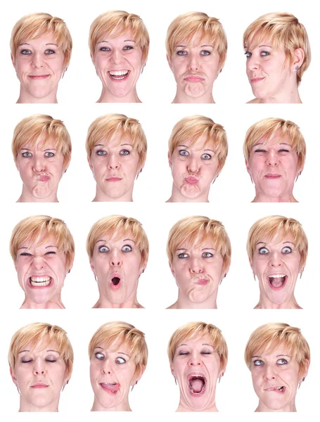 Blonde short hair adult caucasian woman collection set of face expression like happy, sad, angry, surprise, yawn isolated on white — Stockfoto