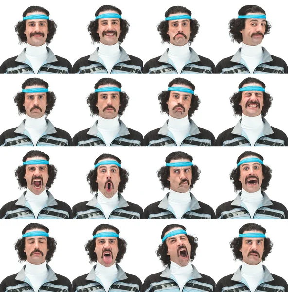 Curly long hair and mustache vintage 70s caucasian sport man collection set of face expression like happy, sad, angry, surprise, yawn isolated on white — Stock fotografie